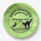 Happy Halloween Cat Hexe Silhouette Green Grunge Pappteller (Vorderseite)
