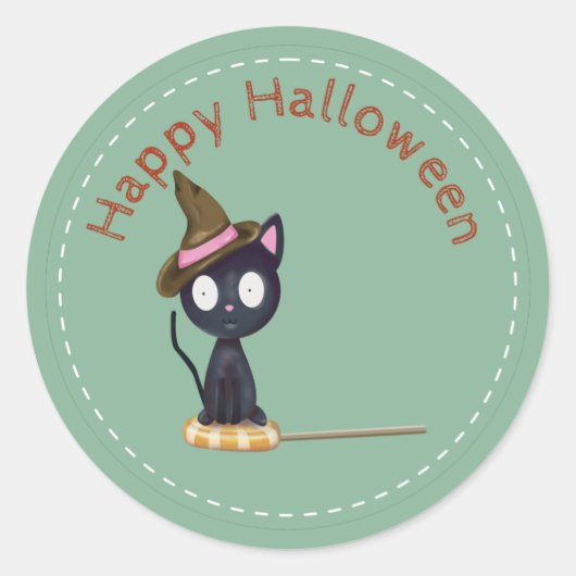 Happy Halloween Cat on Candy Label Aufkleber (Vorderseite)
