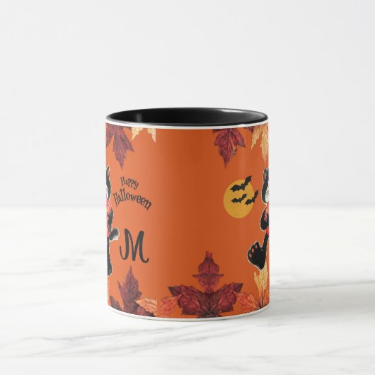 Happy Halloween Cat Pumpkin Monogram Tasse (Zentrum)
