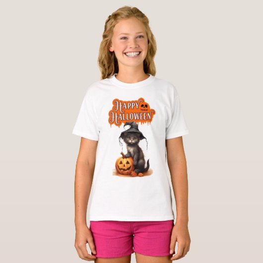 Happy Halloween Cat T-Shirt – Cute Black Cat Desig (Vorne ganz)
