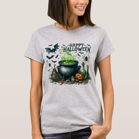 Happy Halloween Cauldron Bats Spider T-Shirt (Vorderseite)