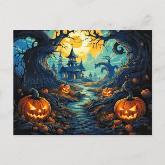 Happy Halloween | Creepischer Spuk Wald Postkarte (Vorderseite)