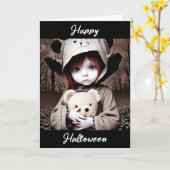 Happy Halloween | Creepisches Kind mit Teddy Bär Karte (Gelbe Blume)