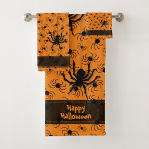 Happy Halloween Creepy Crawly Spiders Orange BG Badhandtuch Set