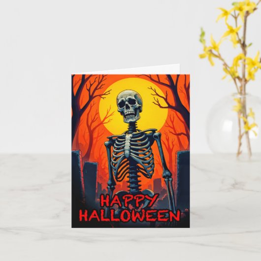 Happy Halloween Creepy Friedhof Skeleton Karte (Gelbe Blume)