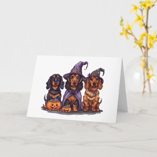 Happy Halloween Dackel Hexenhunde Karte (Gelbe Blume)