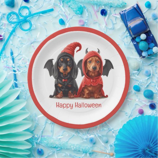 Happy Halloween Dackel Hunde Devil Bat Pappteller (Party)