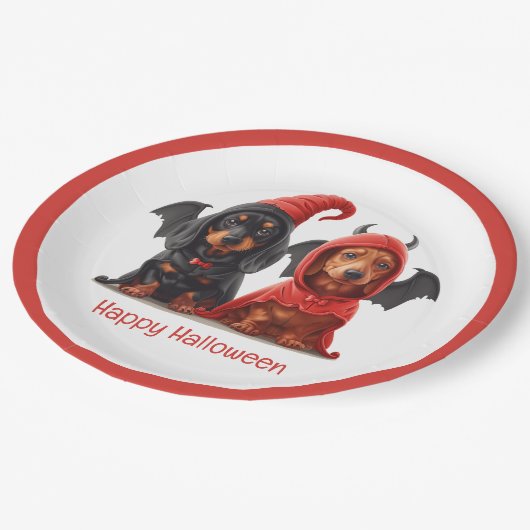 Happy Halloween Dackel Hunde Devil Bat Pappteller (Schrägansicht)