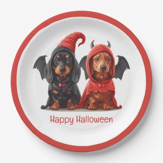 Happy Halloween Dackel Hunde Devil Bat Pappteller (Vorderseite)