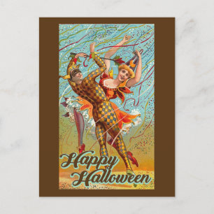 Happy Halloween Dancing Jester Masquerade Vintag Postkarte