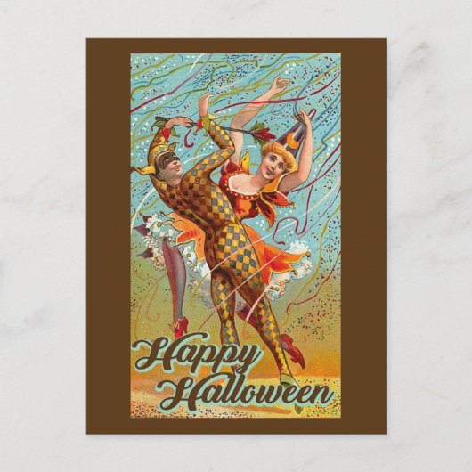 Happy Halloween Dancing Jester Masquerade Vintag Postkarte (Vorderseite)
