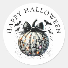 Happy Halloween Disco Ball Pumpkin Black Bow Runder Aufkleber