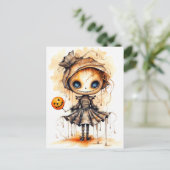 Happy Halloween Eerie Pumpkin Girl Postkarte (Stehend Vorderseite)