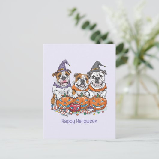 Happy Halloween English Bulldogs Pumpkin Postkarte (Stehend Vorderseite)