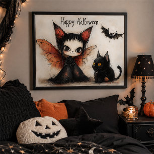 Happy Halloween Fairy & Cat   Niedlich Spooky Wall Poster