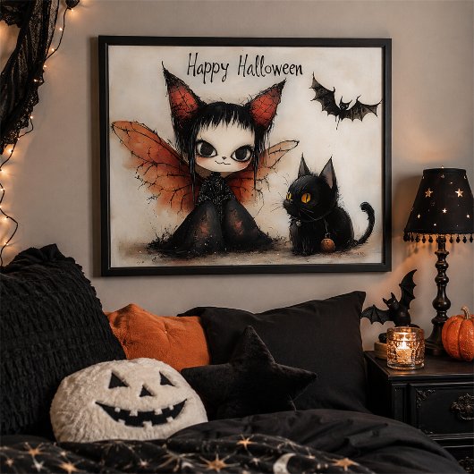 Happy Halloween Fairy & Cat | Niedlich Spooky Wall Poster