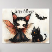 Happy Halloween Fairy & Cat | Niedlich Spooky Wall Poster (Vorne)