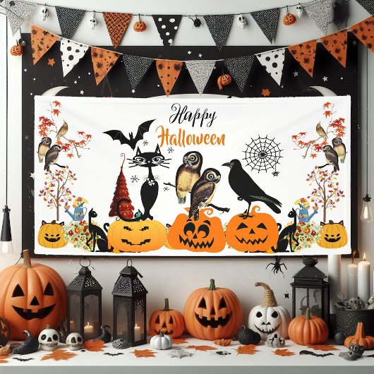 Happy Halloween Fall Pumpkin Black Cat Owl Spooky Banner
