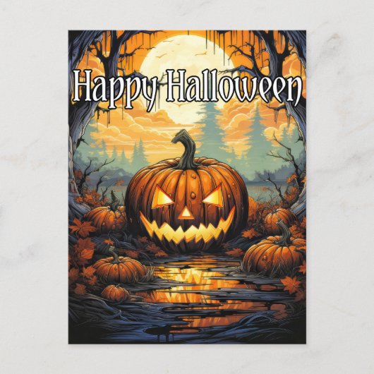 Happy Halloween, finster Gwer Pumpkin im Herbst Postkarte (Vorderseite)