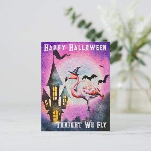 Happy Halloween Flamingo Bats Spuk Schloss Postkarte (Stehend Vorderseite)