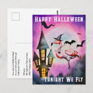 Happy Halloween Flamingo Bats Spuk Schloss Postkarte
