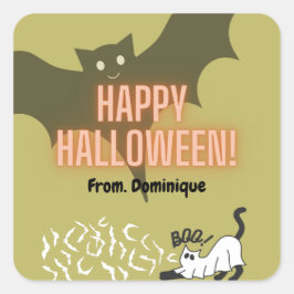 Happy Halloween Fledermaus niedliche Katzengeschen Quadratischer Aufkleber