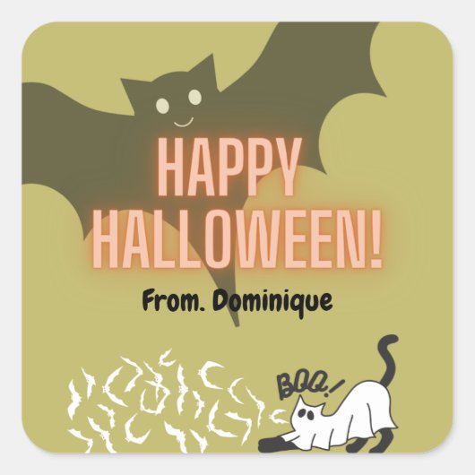 Happy Halloween Fledermaus niedliche Katzengeschen Quadratischer Aufkleber (Vorderseite)
