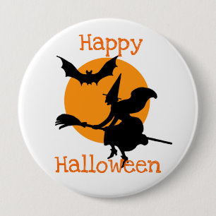 Happy Halloween Flying Witch and Bat Button