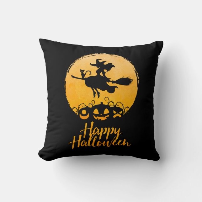 Happy Halloween Flying Witch mit Cat und Pumpkins Kissen (Vorderseite)