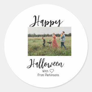 Happy Halloween fügen Familienname Foto schwarz Runder Aufkleber