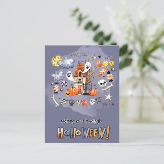 Happy Halloween. Fun Spooky House Postkarte (Stehend Vorderseite)