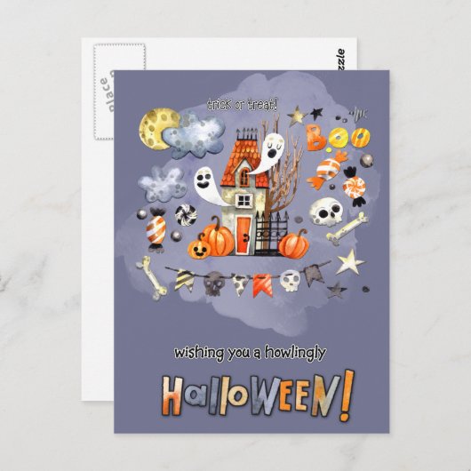 Happy Halloween. Fun Spooky House Postkarte (Vorne/Hinten)