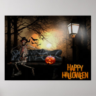 Happy Halloween Funny Spooky Skeleton auf der Bank Poster