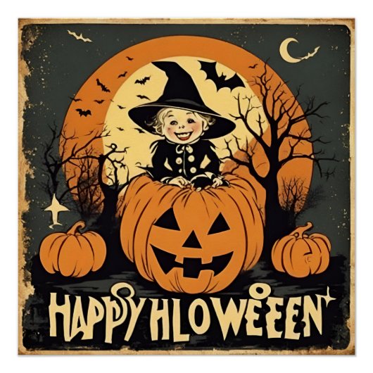 Happy Halloween Funny Vintag Child and Pumpkins Poster (Vorderseite)