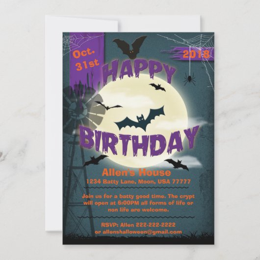 Happy Halloween Geburtstag Batty Moonlight Party 1 Einladung (Vorderseite)