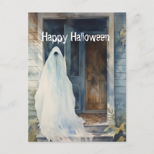 Happy Halloween Ghost Entering House Postkarte (Vorderseite)