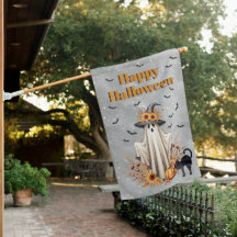 Happy Halloween Ghost in Hexenhut, Black Cat