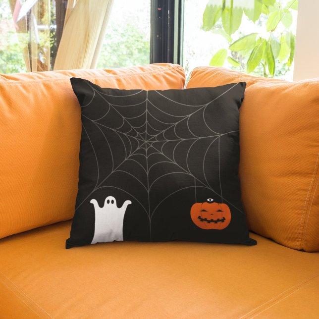 Happy Halloween | Ghost & Pumpkin Spider Web Kissen (Von Creator hochgeladen)