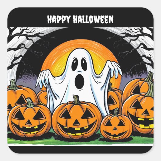 Happy Halloween Ghost Quadratischer Aufkleber (Vorderseite)