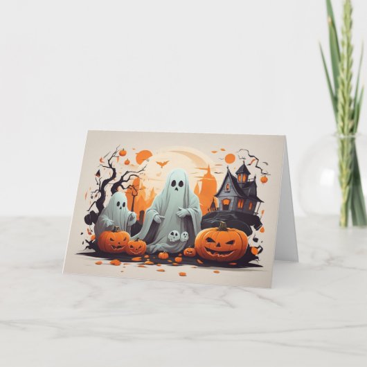 Happy Halloween Ghost und Pumpkins Feiertagskarte (Vorderseite)