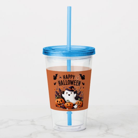 Happy Halloween Ghost und Pumpkins Fun Art T-Shirt Acryltrinkbecher (Vorderseite)