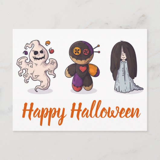Happy Halloween Ghost Voodoo Doll und Girl Postkarte (Vorderseite)