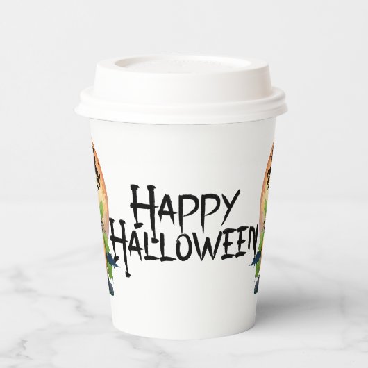 Happy Halloween Goblin versteckt sich hinter Pumpk Pappbecher (Links)