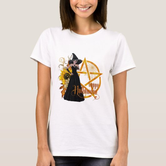 Happy Halloween Golden Pentagram Hexe T-Shirt (Vorderseite)