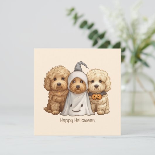 Happy Halloween Goldendoodle Hunde Einladung (Stehend Vorderseite)