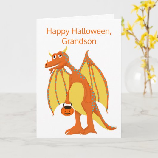 Happy Halloween, Grandson, Friendly Orange Dragon Karte (Gelbe Blume)