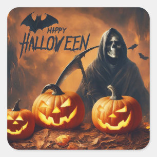 Happy Halloween - Grim Sensenmann Carved Pumpkin Quadratischer Aufkleber