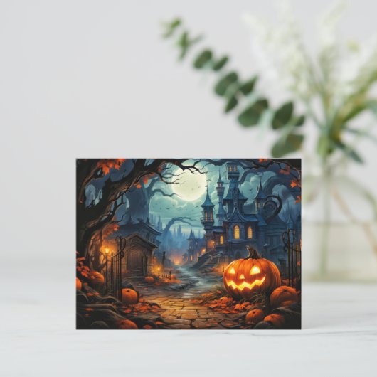 Happy Halloween | Gut beleuchtet Nefarious Pumpkin Postkarte (Stehend Vorderseite)