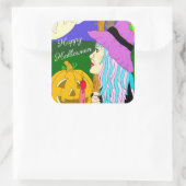 Happy Halloween Hand gezogen Hexe und Vollmond Quadratischer Aufkleber (Tasche)