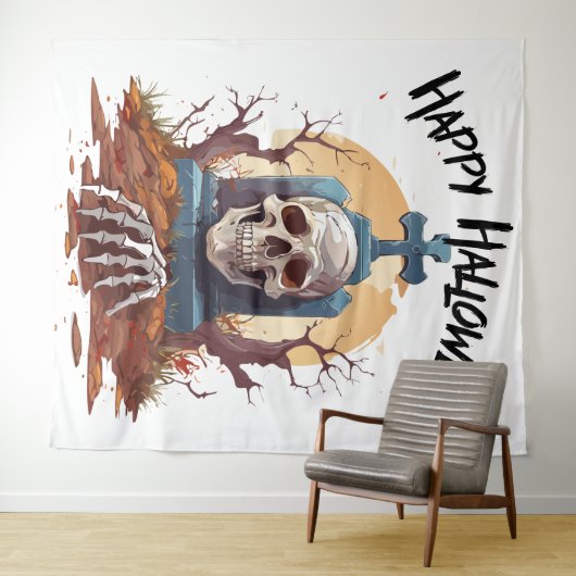 Happy Halloween Head Stone and Skeleton Wandteppich (Beispiel (Horizontal))